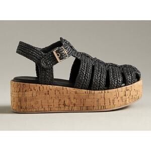 Anthropologie Silent D Fisherman Cork Platform Sandal | EU 39, 8 8.5 Black Rafia